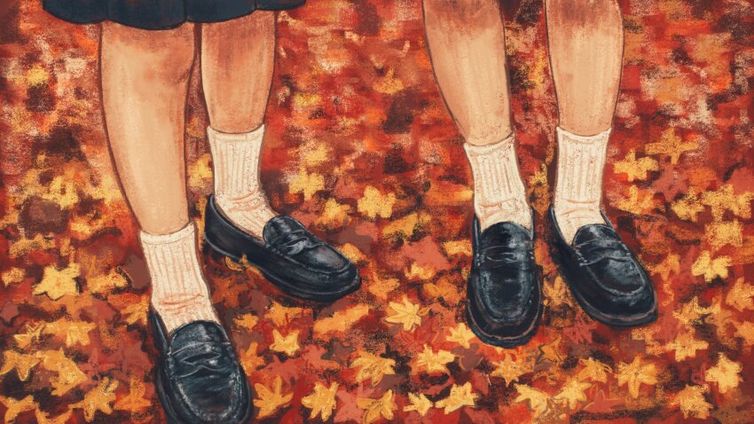2girls autumn_leaves black_shoes commentary_request highres leaf loafers lower_body medium_skirt multiple_girls nagai_uuu original pleated_skirt shoes skirt socks standing traditional_media white_socks
