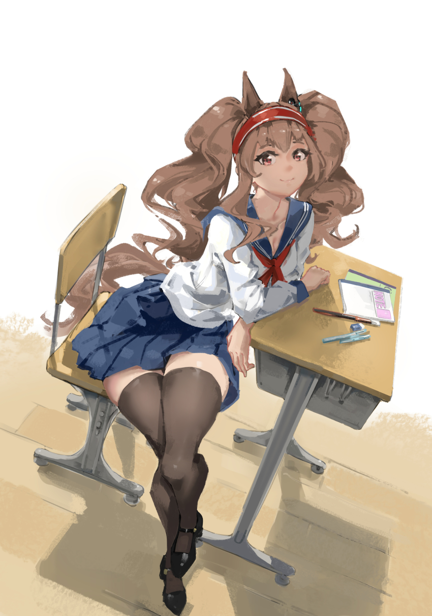1girl absurdres alternate_costume angelina_(arknights) animal_ear_fluff animal_ears arknights black_shoes black_thighhighs blue_sailor_collar blue_skirt brown_hair citrushn_(sushimiganbo) closed_mouth commentary_request fox_ears fox_girl fox_tail hairband highres long_hair neckerchief red_hairband red_neckerchief sailor_collar school_uniform serafuku shirt shoes sitting skirt smile solo tail thighhighs twintails very_long_hair white_shirt zettai_ryouiki
