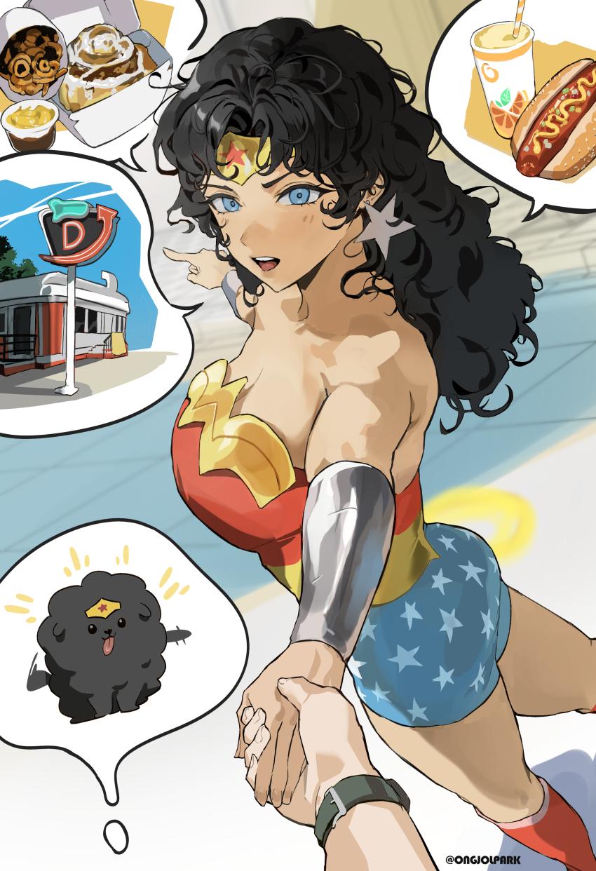 1girl absurdres artist_name bare_shoulders black_hair blue_eyes boots bracer breasts circlet curly_hair dc_comics dog drink earrings food food_focus grabbing_another's_arm highres hot_dog jewelry large_breasts park_ongjol red_boots shorts star_(symbol) star_earrings superhero_costume tiara watch wonder_woman wonder_woman_(series) wristwatch