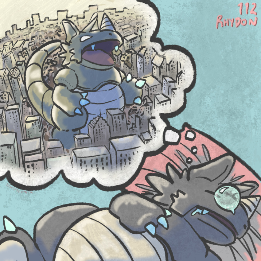 blue_background character_name closed_eyes dreaming gen_1_pokemon highres image_in_thought_bubble kaiju lying nintendo no_humans nose_bubble on_back pillow pokedex_number pokemon pokemon_(creature) rhydon sleeping teratodentata