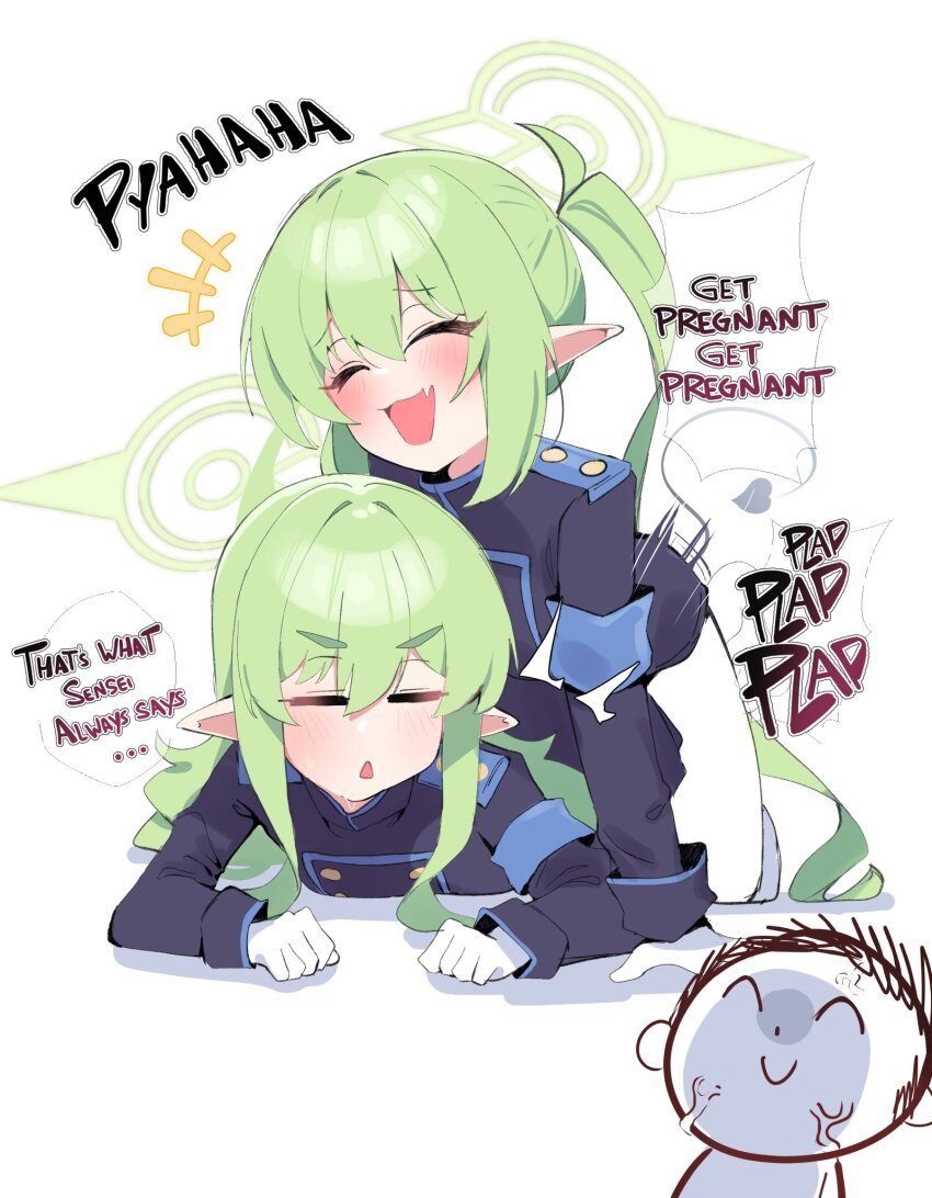 1boy 2girls armband black_jacket blue_archive blue_armband closed_eyes demon_tail doodle_sensei_(blue_archive) dry_humping english_text fang gen_(unzzenasd) gloves green_hair green_halo hair_between_eyes halo highres hikari_(blue_archive) humping jacket long_hair long_sleeves meme multiple_girls nozomi_(blue_archive) open_mouth pantyhose plap_plap_plap_get_pregnant_(meme) pointy_ears sensei_(blue_archive) siblings sisters skin_fang smile tail triangle_mouth twintails white_gloves white_pantyhose yuri