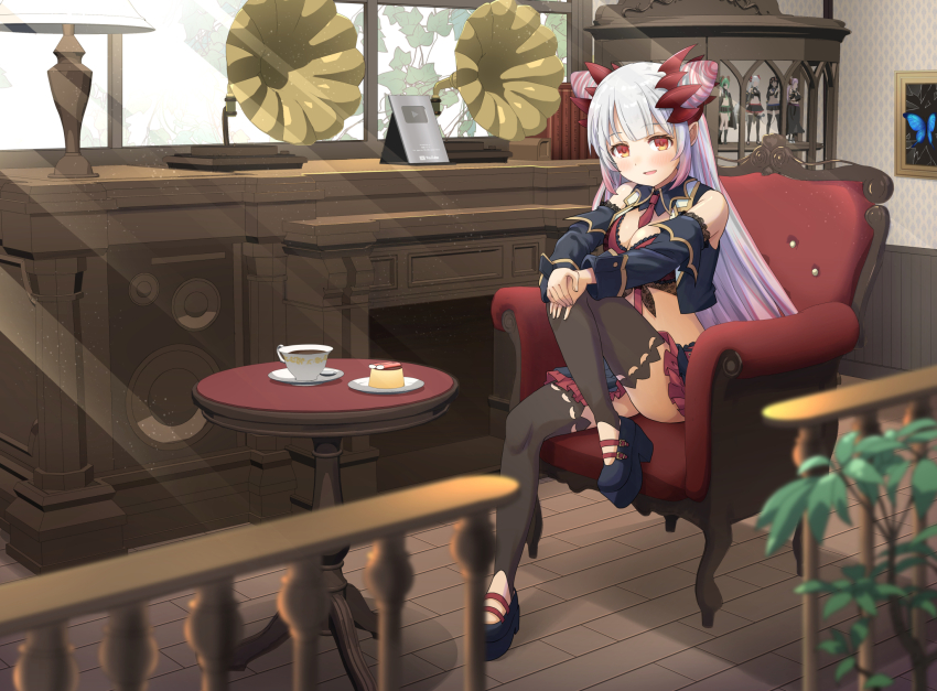 1girl between_breasts black_shirt black_shoes black_skirt black_sleeves black_thighhighs black_vest blurry blurry_foreground blush bra breasts cabinet cleavage coffee_table commentary_request cone_hair_bun couch crop_top cropped_shirt cropped_vest cup curled_horns dappled_sunlight demon_horns depth_of_field detached_sleeves double_bun figure frilled_skirt frills full_body gradient_hair grey_hair hair_bun hands_on_own_knee haniwa_(leaf_garden) headgear high_heels highres honey_strap horns indie_virtual_youtuber indoors knee_up lace_shirt large_breasts light_particles living_room long_hair long_sleeves looking_at_viewer midriff miniskirt multicolored_hair necktie necktie_between_breasts no_tail on_couch open_clothes open_mouth open_vest orange_eyes phonograph pink_hair pink_streaks platform_heels platform_shoes pointy_ears red_bra red_horns red_necktie saionji_mary sekishiro_mico shimamura_charlotte shirt shoes side_up_bun sitting skirt sleeveless sleeveless_shirt solo sougetsu_eli spiked_horns stirrup_legwear sunlight suou_patra suou_patra_(1st_costume) table teacup thighhighs toeless_legwear underwear very_long_hair vest virtual_youtuber window
