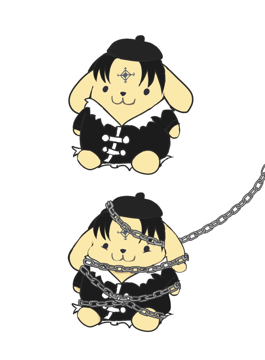 :3 beret black_eyes black_hair black_jacket chain chrollo_lucilfer chrollo_lucilfer_(cosplay) cosplay dog facial_mark forehead_mark full_body hat highres hunter_x_hunter jacket pompompurin restrained sanrio short_hair simple_background sitting solo_focus sy_05xxx white_background yellow_dog