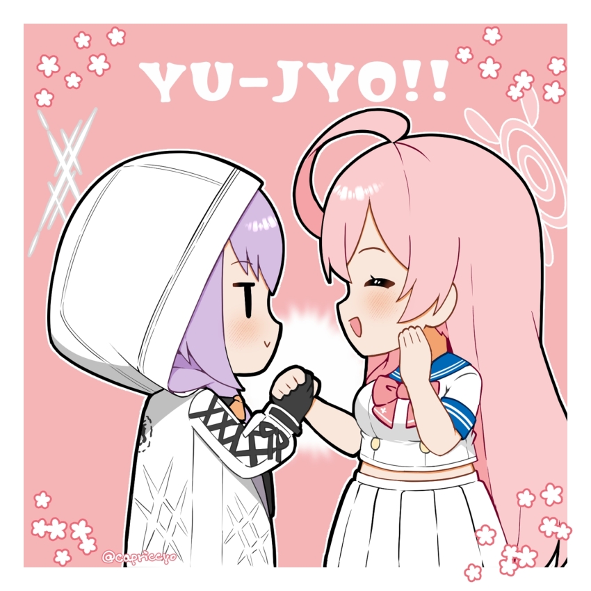 2girls :d ^_^ ahoge atsuko_(blue_archive) black_gloves blue_archive blue_sailor_collar blush border bow braid capriccyo chibi closed_eyes closed_mouth commentary_request facing_another gloves hair_over_shoulder halo hanako_(blue_archive) hand_up handshake highres hood hood_up hooded_jacket jacket long_hair long_sleeves looking_at_another midriff multiple_girls open_mouth pink_background pink_bow pink_hair pleated_skirt profile puffy_long_sleeves puffy_sleeves purple_hair romaji_text sailor_collar school_uniform serafuku shirt skirt smile translation_request very_long_hair white_border white_jacket white_serafuku white_shirt white_skirt