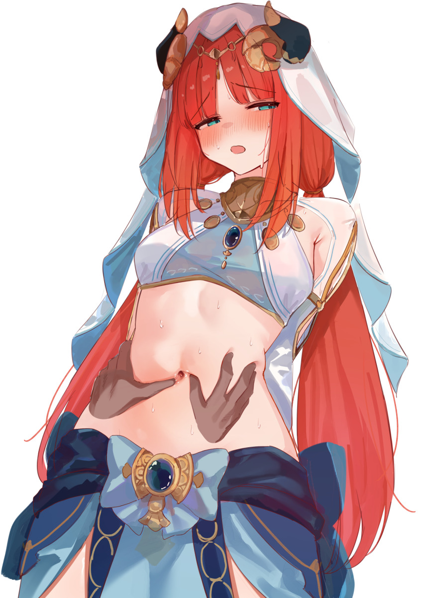 1girl aqua_eyes arms_behind_back black_horns blue_skirt blush breasts brooch commentary_request crop_top disembodied_hand folia_leaf genshin_impact harem_outfit highres horns jewelry long_hair low_twintails midriff navel nilou_(genshin_impact) open_mouth red_hair simple_background skirt small_breasts solo_focus stomach twintails veil white_background white_veil