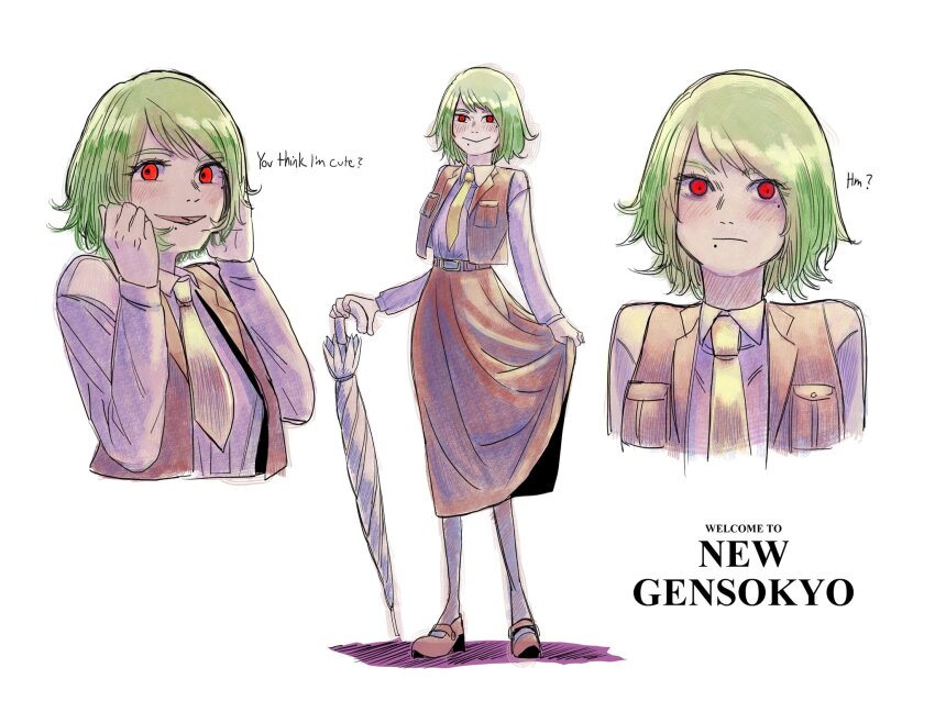 1girl ascot blush closed_umbrella commentary english_commentary english_text field flower flower_field full_body green_hair highres kazami_yuuka looking_at_viewer mole mole_under_eye mole_under_mouth moraruyoruka multiple_views open_clothes open_vest parasol plaid_clothes plaid_skirt plaid_vest red_eyes red_vest shirt shirt_tucked_in skirt skirt_set smile sunflower sunflower_field touhou umbrella vest white_background white_shirt yellow_ascot