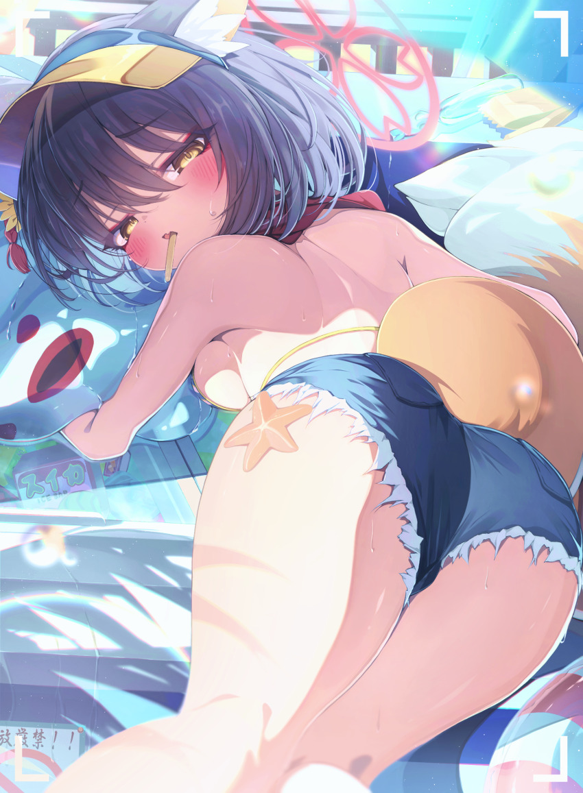 1girl animal_ears ass ass_focus back bikini black_hair blue_archive blue_shorts blush breasts commentary_request dappled_sunlight denim denim_shorts fang flower fox_ears fox_girl fox_tail from_behind hair_between_eyes hair_flower hair_ornament halo highres hugging_doll hugging_object izuna_(blue_archive) izuna_(swimsuit)_(blue_archive) kneepits looking_at_viewer looking_back lying medium_breasts official_alternate_costume on_stomach open_mouth pink_halo red_scarf revision scarf sho_me_1853 short_hair short_shorts shorts skin_fang solo striped_bikini striped_clothes stuffed_fox stuffed_toy sunflower sunflower_hair_ornament sunlight sweat swimsuit tail thighs visor_cap yellow_eyes yellow_tail