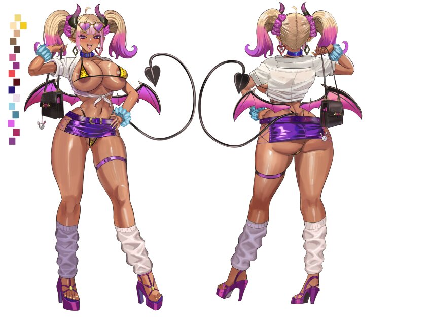 1girl absurdres animal_charm areola_slip arm_up ass bag belt belt_buckle benz_(rita29) bikini blonde_hair blue_wrist_cuffs breasts breasts_out buckle cameltoe charm_(object) collar color_guide commentary commission contrapposto crop_top cropped_shirt dark-skinned_female dark_areolae dark_skin demon_horns demon_tail demon_wings diamond_earrings ear_piercing earrings english_commentary eyeshadow eyewear_on_head fingernails from_behind full_body gyaru hand_on_own_hip handbag heart heart-shaped_eyewear heart_earrings high_heels highres holding holding_bag horns huge_breasts jewelry large_areolae leg_warmers looking_at_viewer makeup micro_bikini microskirt midriff mismatched_earrings multicolored_hair multiple_views nail_polish navel open_mouth original piercing pointy_ears purple_belt purple_collar purple_eyes purple_eyeshadow purple_hair purple_lips purple_skirt purple_wings rabbit_charm shirt short_hair short_sleeves simple_background skirt smile standing sunglasses swimsuit tail teeth thigh_strap thighs thong_bikini tied_shirt turnaround twintails two-tone_hair upper_teeth_only white_background white_shirt wings wrist_cuffs yellow_bikini yellow_nails