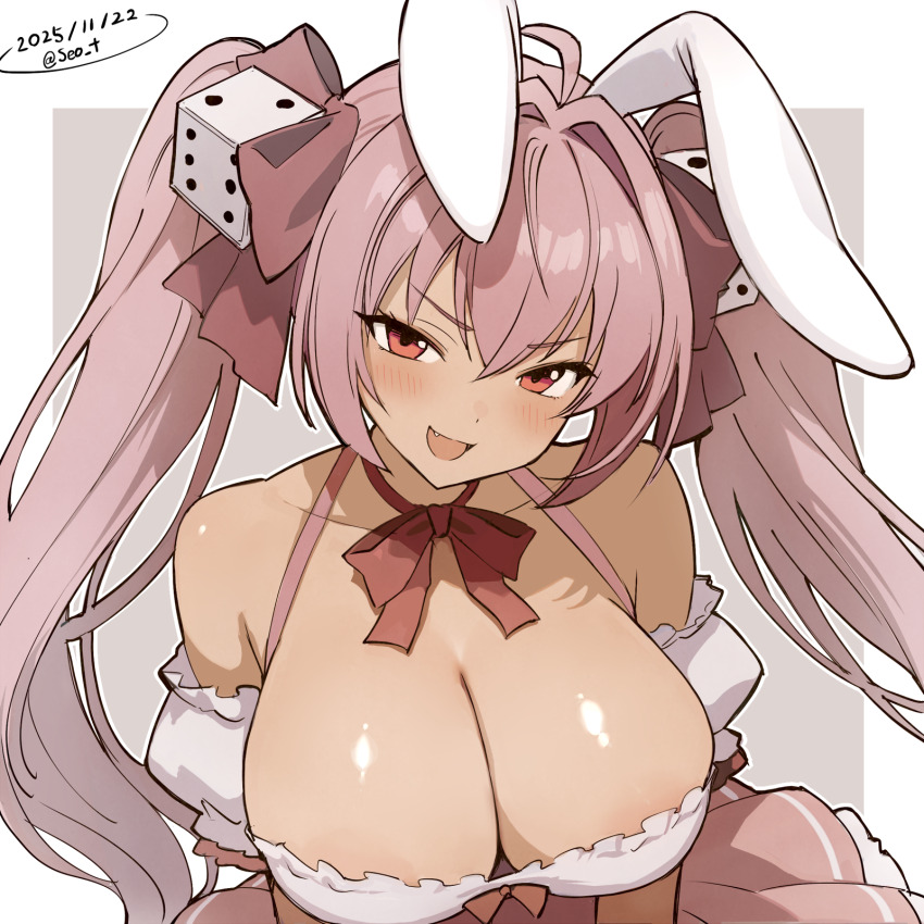 1girl animal_ears areola_slip blush bow bowtie breasts cleavage commentary_request dated di_gi_charat dice_hair_ornament fang grey_background hair_between_eyes hair_bow hair_ornament highres large_breasts long_hair looking_at_viewer open_mouth pink_hair pink_skirt rabbit_ears rabbit_girl red_bow red_bowtie red_eyes seo_tatsuya skirt smile solo twintails two-tone_background upper_body usada_hikaru v-shaped_eyebrows white_background