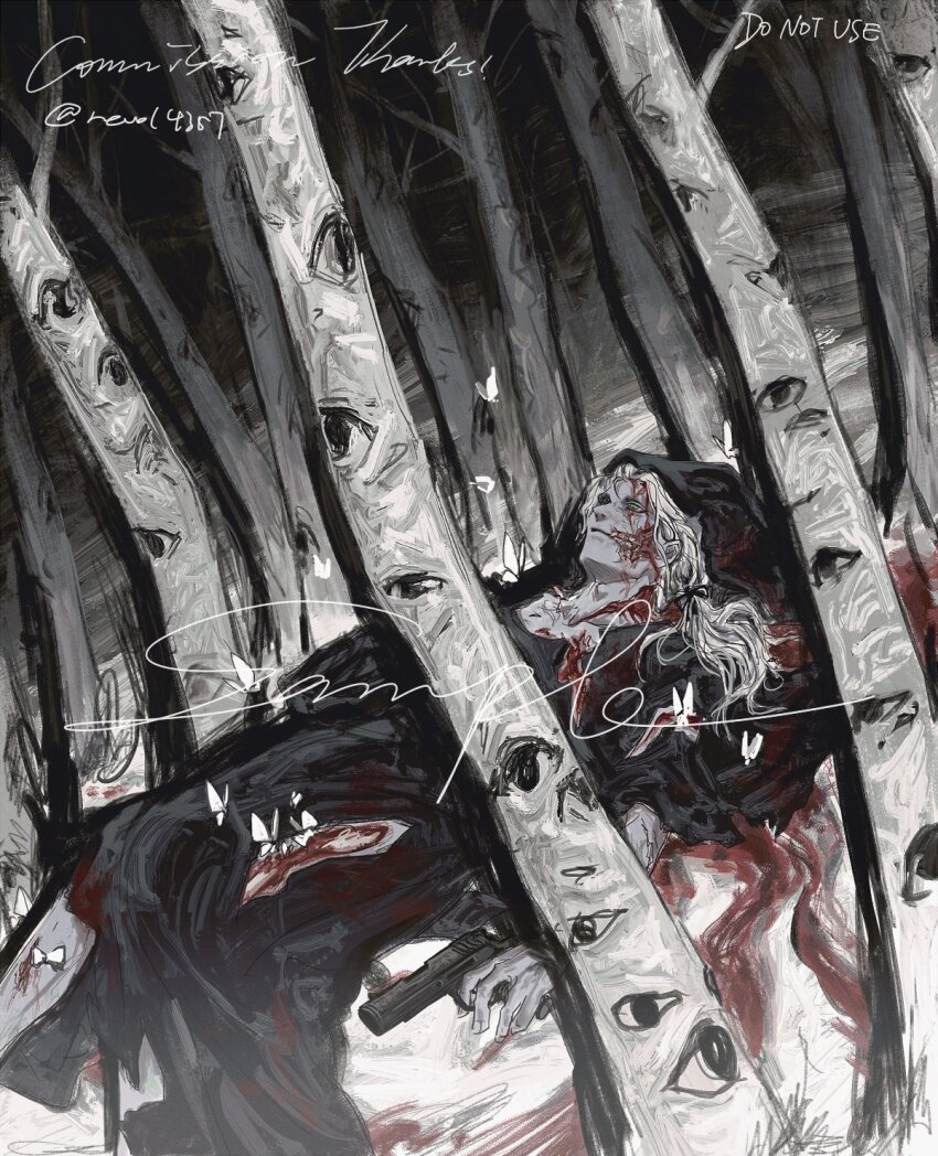 1boy birch_tree black_cloak bleeding blood blood_on_clothes blood_on_face bug butterfly cloak commentary dutch_angle english_commentary exposed_bone eye_print feet_out_of_frame forest grey_hair gun hair_ribbon handgun highres holding holding_gun holding_weapon hood hood_up hooded_cloak insect long_hair lying male_focus nature on_back on_ground original revol4357 ribbon solo tree weapon