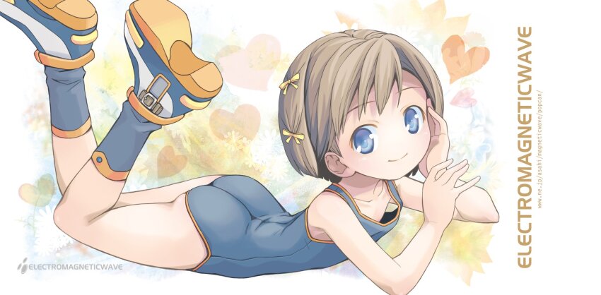 1girl arm_support ass bare_shoulders blue_eyes blue_shoes blue_socks bow brown_hair circle_name closed_mouth collarbone colored_shoe_soles downblouse flat_chest full_body hair_bow hand_on_own_cheek hand_on_own_face highres kneehighs lying new_school_swimsuit no_nose on_stomach one-piece_swimsuit original parted_bangs pop_(electromagneticwave) school_swimsuit shoe_soles shoes short_hair smile socks solo swimsuit thighs watermark web_address yellow_bow