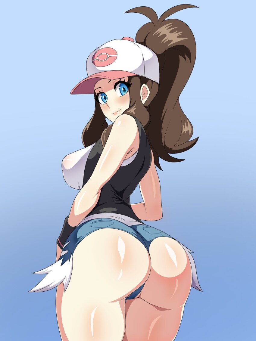 1girl ass baseball_cap black_vest blue_eyes breasts commentary curvy cutoffs denim denim_shorts english_commentary exposed_pocket hat high_ponytail highres hilda_(pokemon) huge_ass ludinsketches nintendo open_clothes open_vest poke_ball_print pokemon pokemon_bw ponytail shiny_skin short_shorts shorts solo vest wide_hips wristband