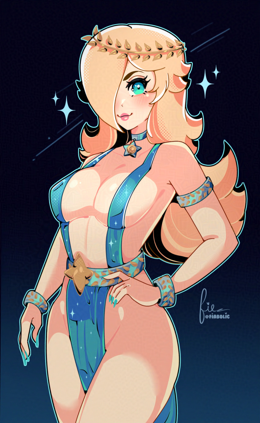 1girl adversarial_noise aqua_eyes aqua_nails armlet artist_name blonde_hair blush bracelet breasts choker closed_mouth collarbone commentary cowboy_shot cresscin english_commentary fingernails gradient_background hair_over_one_eye halftone hand_on_own_hip highres jewelry large_breasts long_fingernails long_hair looking_at_viewer mario_(series) nintendo no_bra no_panties pelvic_curtain rosalina simple_background smile solo sparkle twitter_username