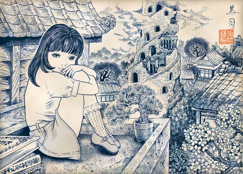 1girl belt bonsai book cherry_blossoms cloud flower fractal_underground_studio house hugging_own_legs long_hair looking_at_viewer mary_janes monochrome original plant potted_plant shirt shoes short_sleeves sitting skirt sky socks tower tower_of_babel traditional_media tree