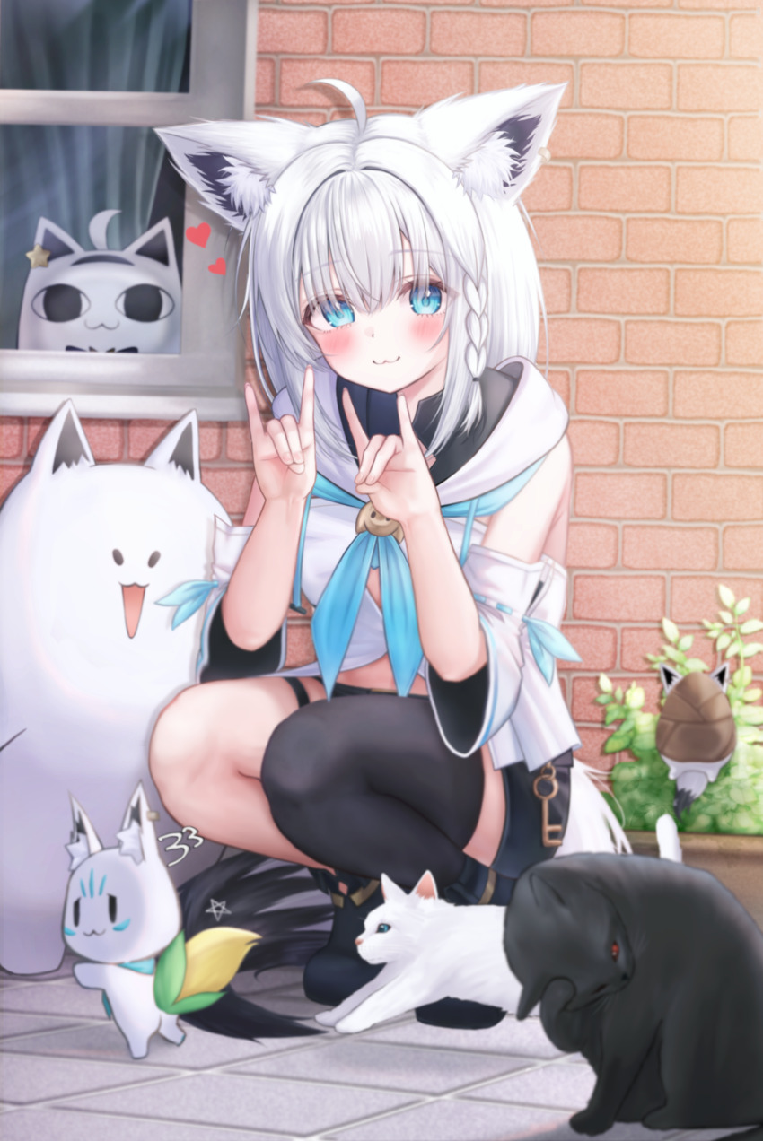 1girl :3 absurdres ahoge animal_ear_fluff animal_ears aqua_eyes asymmetrical_legwear bare_shoulders black_cat blush braid breasts cat closed_mouth commentary detached_sleeves fox_ears fox_girl fox_shadow_puppet fox_tail fubuzilla_(shirakami_fubuki) gesture hair_between_eyes hair_ornament heart highres hololive key korean_commentary long_hair looking_at_viewer midriff_peek miteiru_(shirakami_fubuki) oruyanke_(shirakami_fubuki) outdoors plant shirakami_fubuki shirakami_fubuki_(1st_costume) shoes sitting star_(symbol) sukonbu_(shirakami_fubuki) tail user_czrt7222 virtual_youtuber white_cat white_hair wide_sleeves window