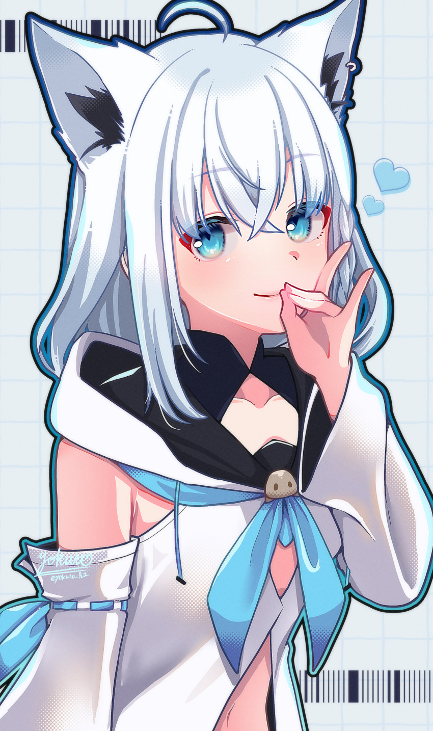 1girl absurdres ahoge animal_ear_piercing animal_ears blue_eyes blue_neckerchief closed_mouth commentary_request detached_sleeves fox_ears fox_girl fox_shadow_puppet highres hololive hood hoodie long_hair looking_at_viewer neckerchief shirakami_fubuki shirakami_fubuki_(1st_costume) solo virtual_youtuber white_hair white_hoodie white_sleeves yokuto