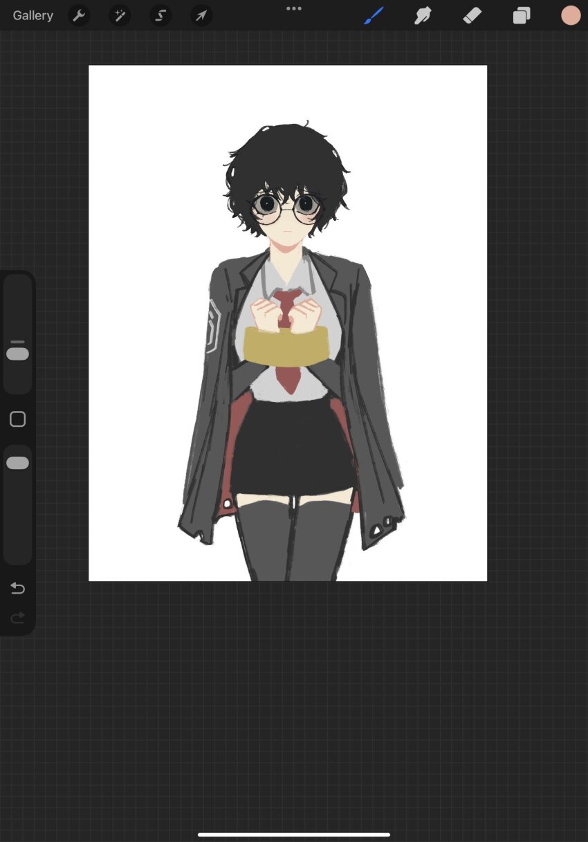 1girl black_eyes black_hair blush bound bound_wrists chain coat coat_on_shoulders collared_shirt commentary english_commentary glasses highres lcb_uniform_(project_moon) limbus_company looking_at_viewer messy_hair necktie project_moon shirt simple_background sora_(project_moon) thighhighs unfinished whoiseni