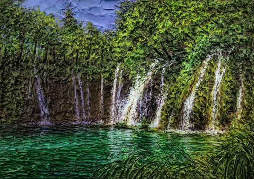acrylic_paint_(medium) commentary_request dated_commentary day forest keisirou lake landscape nature no_humans original outdoors painting_(medium) scenery traditional_media water waterfall