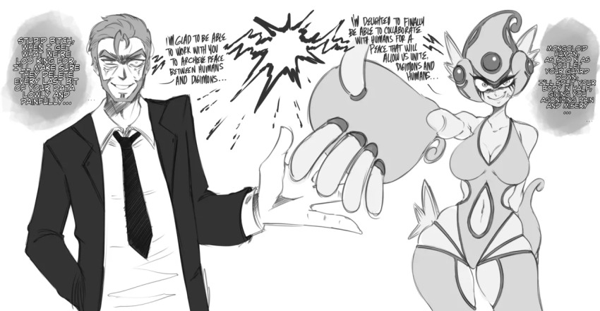 1boy 1girl angry breasts curvy digimon digimon_(creature) digimon_story:_time_stranger evil_smile fins forced_smile formal_clothes frog_girl head_fins helmet highleg highleg_one-piece_swimsuit insult kuremi_kodai monster_girl one-piece_swimsuit ranamon reaching reaching_towards_another saltyxodium simple_background smile suit swimsuit wide_hips