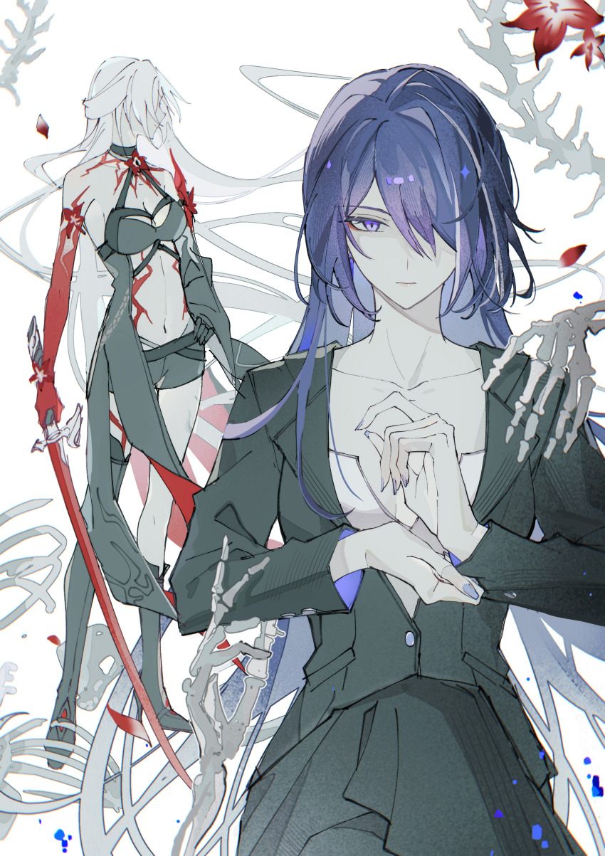 1girl absurdres acheron_(honkai:_star_rail) asymmetrical_footwear black_choker black_coat black_gloves black_shorts body_markings bone boots breasts chain chinese_commentary choker cleavage coat coattails collarbone commentary_request detached_sleeves flower formal_clothes gloves hair_over_one_eye highres holding holding_sword holding_weapon honkai:_star_rail honkai_(series) leg_tattoo long_hair midriff multicolored_hair navel official_alternate_costume purple_eyes purple_hair purple_nails red_flower short_shorts shorts single_bare_shoulder skeleton stomach streaked_hair suit sword tattoo thigh_boots weapon white_hair yue_(shemika98425261)