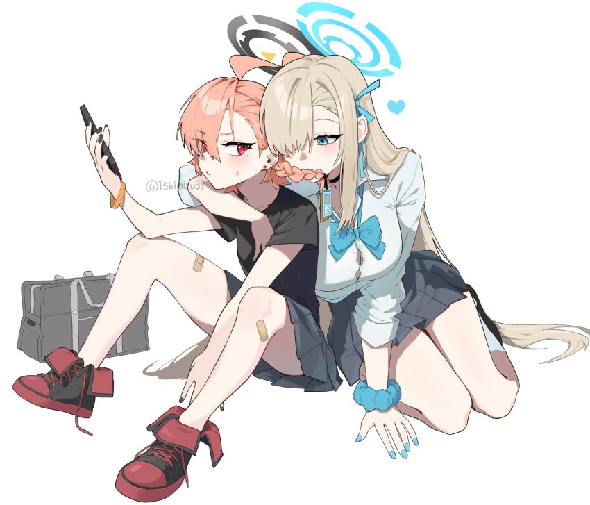 2girls ahoge asuna_(blue_archive) asuna_(school_uniform)_(blue_archive) bandaid biting_another&#039;s_hair black_halo blonde_hair blue_archive blue_halo bow bowtie braid breasts cellphone hair_over_one_eye hair_ribbon halo highres jjigong_chigon large_breasts long_hair mole mole_under_eye multiple_girls neru_(blue_archive) neru_(school_uniform)_(blue_archive) orange_hair phone pleated_skirt red_eyes ribbon school_uniform scrunchie shirt shoes short_sleeves single_braid sitting skirt smartphone sneakers very_long_hair white_shirt