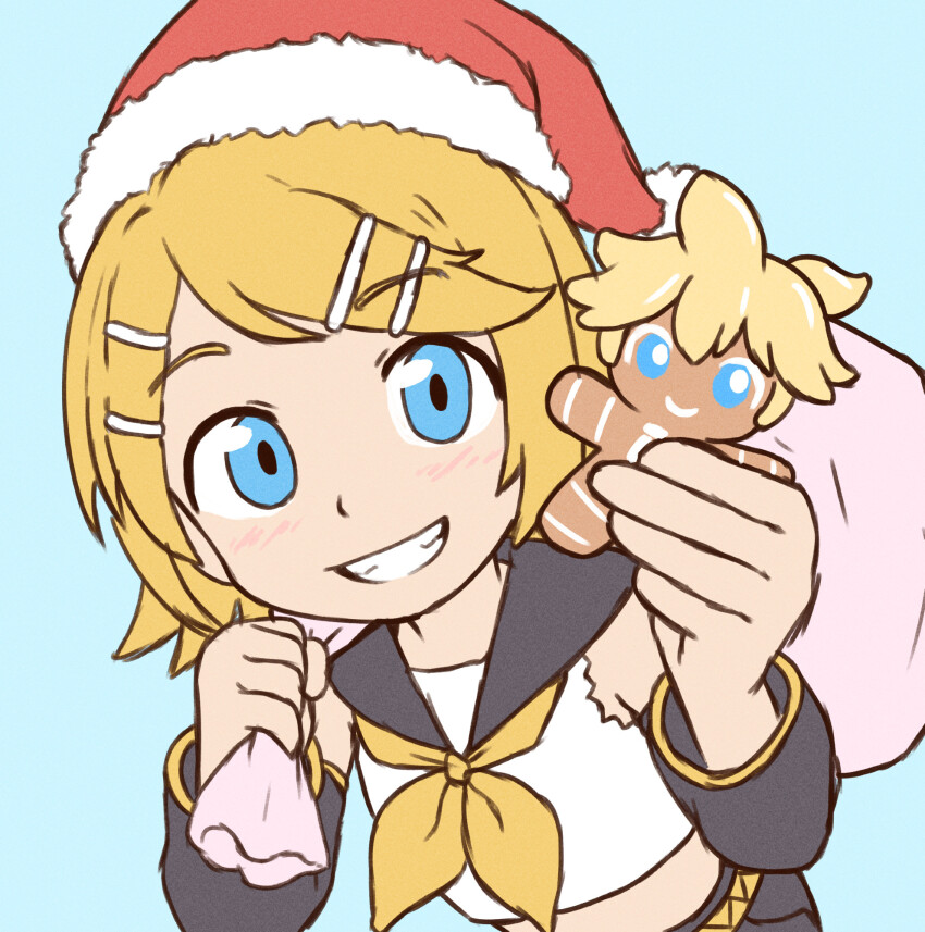 1girl beachepisode blonde_hair blue_background blue_eyes blush character_cookie commentary cookie crop_top detached_sleeves english_commentary food gingerbread_man grin hat highres holding holding_cookie holding_food holding_sack kagamine_len kagamine_rin long_sleeves looking_at_viewer neckerchief open_mouth red_hat sack santa_hat short_hair simple_background smile solo swept_bangs teeth vocaloid yellow_neckerchief