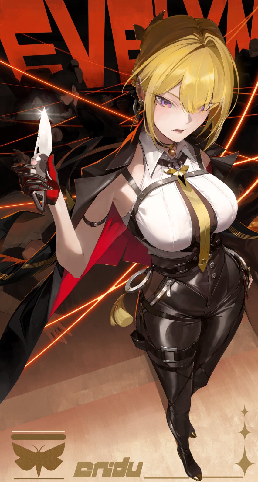 1girl absurdres arm_strap black_pants blonde_hair breasts character_name chest_harness commentary_request elbow_gloves evelyn_chevalier from_above gloves hair_up half_gloves hand_on_own_hip harness high-waist_pants highres holding holding_knife jacket jacket_on_shoulders knife ko-ma large_breasts latex_pants long_ribbon mole mole_under_eye necktie open_mouth pants purple_eyes ring_hair_ornament sidelocks single_elbow_glove single_half_glove solo string string_of_fate tight_clothes tight_pants uneven_bangs yellow_necktie zenless_zone_zero