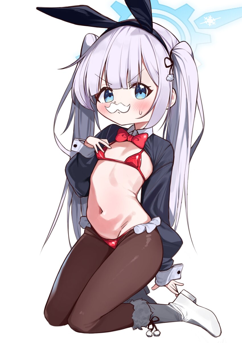 1girl absurdres animal_ears bikini blue_archive blue_eyes blue_halo blush boots bow bowtie breasts cherino_(blue_archive) facial_hair fake_animal_ears fake_facial_hair fake_mustache fur_trim halo highres kneeling led_winter loli long_hair long_twintails looking_at_viewer micro_bikini mustache navel pantyhose rabbit_ears red_bikini red_bow red_bowtie reverse_bunnysuit reverse_outfit small_breasts solo swimsuit twintails white_background white_boots white_hair white_mustache