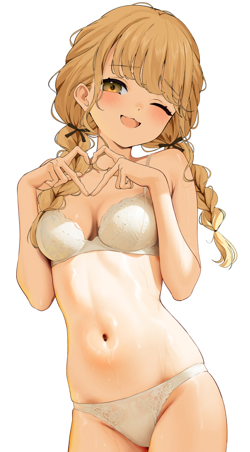 1girl absurdres blonde_hair bra commentary_request fujita_kotone gakuen_idolmaster gin00 heart heart_hands highres idolmaster long_hair looking_at_viewer one_eye_closed open_mouth paid_reward_available ribbon smile solo underwear white_background yellow_eyes