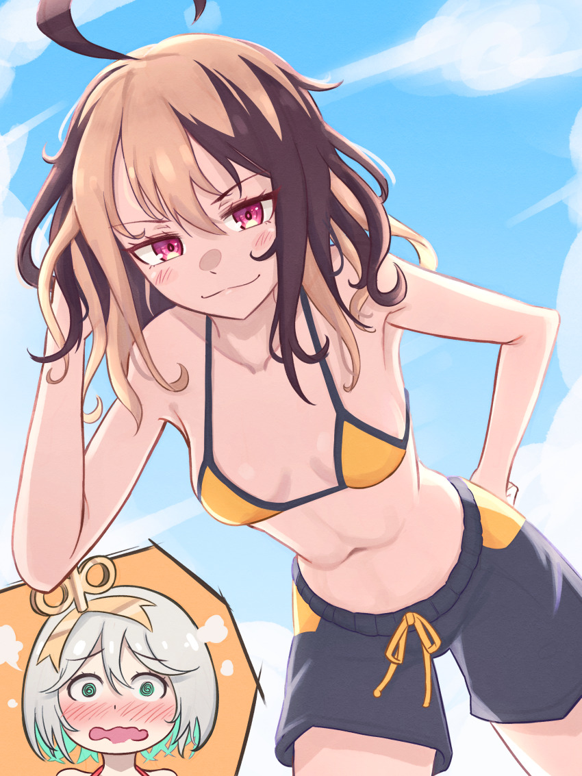 2girls absurdres ahoge alternate_hairstyle bikini bikini_shorts blue_bikini blue_sky blush breasts brown_hair cecilia_immergreen colored_inner_hair double-parted_bangs embarrassed gigi_murin green_eyes green_hair grey_hair hair_between_eyes hair_ornament hand_on_own_head hand_on_own_hip head_steam highres hololive hololive_english huge_ahoge inset leaning_forward light_blush looking_at_viewer madabau multicolored_bikini multicolored_hair multiple_girls multiple_pov no_tail orange_bikini pink_eyes pov short_hair shorts sky small_breasts swimsuit two-tone_bikini two-tone_hair virtual_youtuber wavy_mouth winding_key yuri