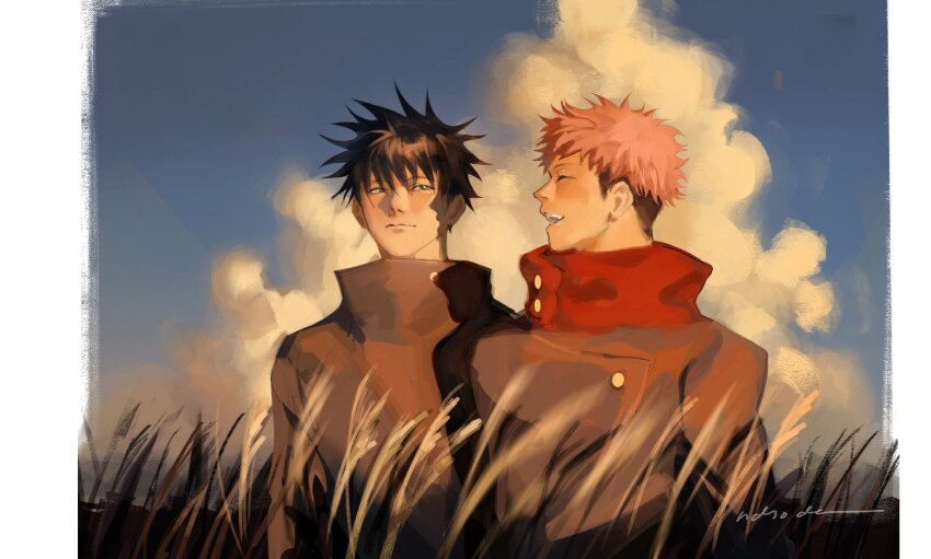 2boys black_hair border cloud commentary english_commentary fushiguro_megumi grass highres itadori_yuuji japanese_clothes jujutsu_kaisen jujutsu_tech_uniform looking_at_another male_focus multicolored_hair multiple_boys ndsoda pillarboxed pink_hair sideburns signature sky teeth two-tone_hair undercut upper_body white_border