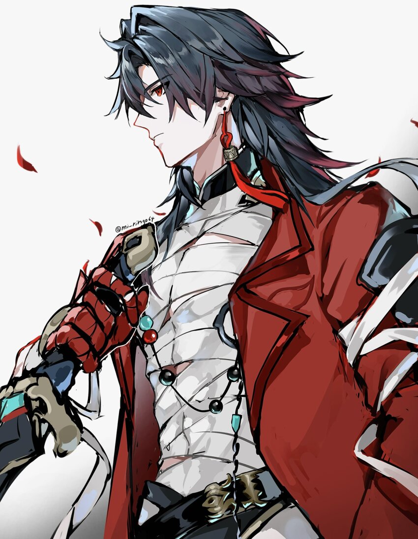 1boy ahoge bandaged_chest bandaged_torso beads belt blade_(elation)_(honkai:_star_rail) blade_(honkai:_star_rail) blue_hair commentary_request double-parted_bangs earrings from_side gradient_hair hand_on_hilt highres honkai:_star_rail honkai_(series) jacket jewelry long_hair mi_ringo64 multicolored_hair necklace open_clothes open_jacket red_hair red_jacket tassel tassel_earrings toned toned_male very_long_hair