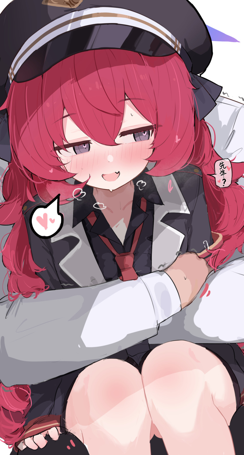 1boy 1girl absurdres black_coat black_hat black_shirt blue_archive blue_halo blush coat collared_shirt commentary_request fang halo hat heart heart_in_eye highres iroha_(blue_archive) long_hair long_sleeves necktie nyashiro_(sgylk) open_mouth peaked_cap red_hair red_necktie shirt skin_fang solo_focus speech_bubble spoken_heart symbol_in_eye translation_request wavy_hair white_shirt