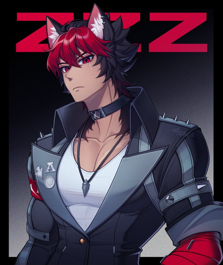 1boy animal_ear_piercing animal_ears azuaura bandaged_arm bandages black_choker black_hair black_jacket choker collarbone commentary dog_boy dog_ears english_commentary highres jacket jewelry komano_manato large_pectorals male_focus multicolored_hair muscular muscular_male necklace pectoral_cleavage pectorals red_bandage red_eyes red_hair scar scar_on_chest scar_on_face shirt white_shirt zenless_zone_zero