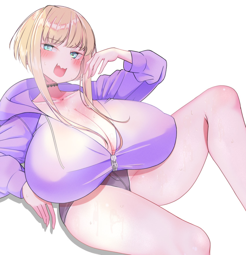 1girl black_choker blonde_hair blue_eyes breasts choker cleavage fang female_focus head_tilt huge_breasts jacket kuyu730 looking_at_viewer open_mouth original purple_jacket shiny_skin short_hair shorts sidelocks sitting skin_fang smile solo sweat thick_thighs thighs white_background