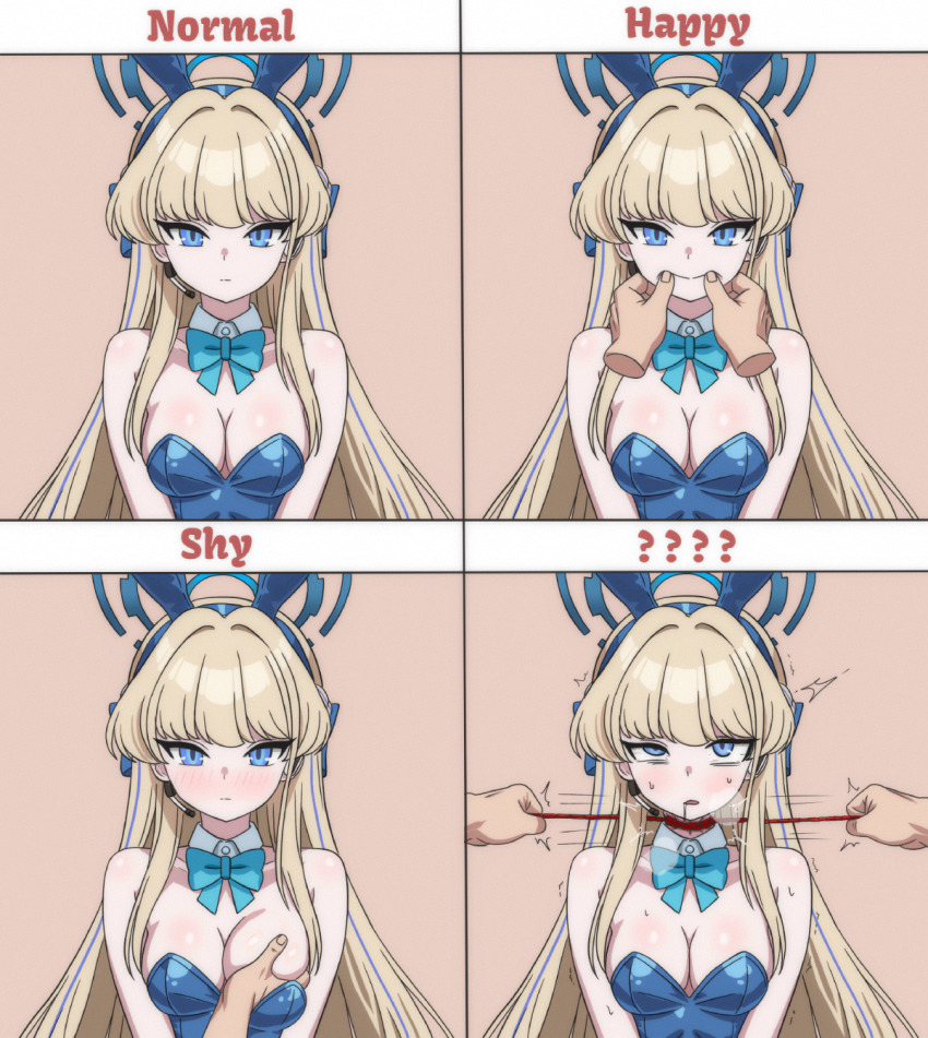 1girl 1other ? ?? animal_ears asphyxiation bare_shoulders blonde_hair blue_archive blue_bow blue_bowtie blue_eyes blue_halo blue_leotard blush bow bowtie breasts cleavage commentary disembodied_hand english_commentary english_text expression_chart fake_animal_ears grabbing_another's_breast groping halo highres hippo_power leotard long_hair medium_breasts multiple_expressions official_alternate_costume simple_background smile strangling sweat toki_(blue_archive) toki_(bunny)_(blue_archive)