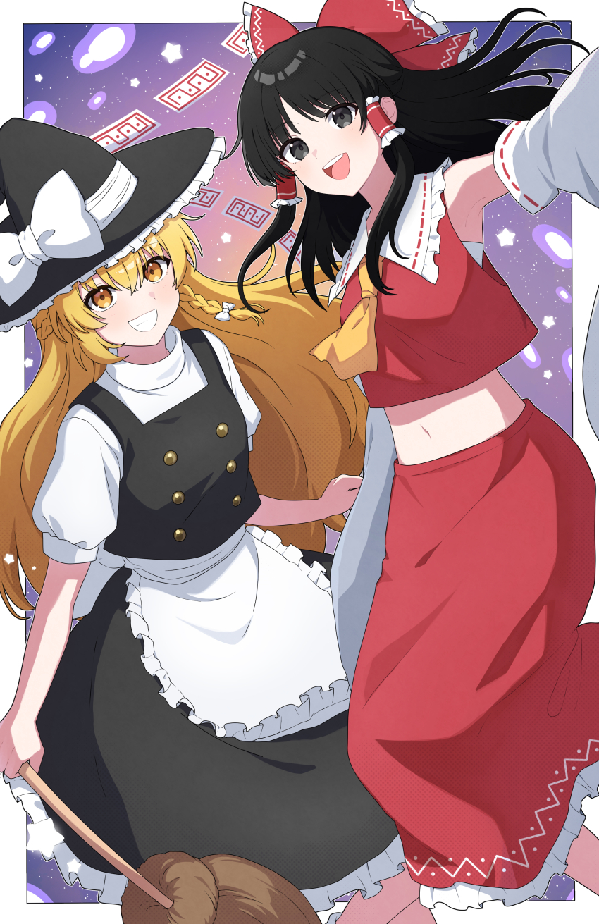 2girls absurdres black_dress black_eyes black_hair black_hat blonde_hair bow braid commentary_request detached_sleeves dress hair_bow hakurei_reimu hat highres kirisame_marisa long_hair miz_(mizillustration) multiple_girls navel open_mouth red_bow red_shirt red_skirt ribbon-trimmed_sleeves ribbon_trim shirt skirt smile touhou white_bow witch_hat yellow_eyes