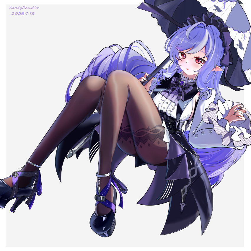 1girl absurdres ascot black_nails black_pantyhose bow bowtie breast_curtains candypowd3r center_frills commentary frills gem hairband highres holding holding_umbrella long_hair long_sleeves midair mole mole_under_eye multicolored_hair nail_polish open_mouth pantyhose patterned_legwear pointy_ears purple_ascot purple_bow purple_bowtie purple_gem purple_hair purple_hairband purple_umbrella red_eyes sideboob_cutout solo streaked_hair umbrella vivian_banshee white_background zenless_zone_zero