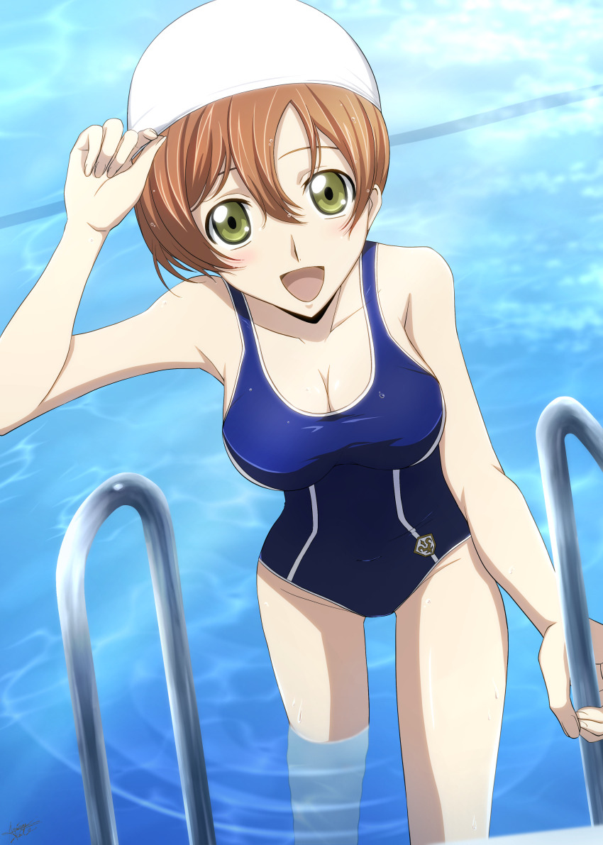 1girl :d absurdres arimadate ashford_academy_swimsuit blue_one-piece_swimsuit blush breasts code_geass commentary_request competition_school_swimsuit competition_swimsuit green_eyes hair_between_eyes highres indoors looking_at_viewer medium_breasts one-piece_swimsuit open_mouth orange_hair poolside print_swimsuit railing red_hair school_swimsuit shiny_skin shirley_fenette smile solo swim_cap swimsuit thighs wet