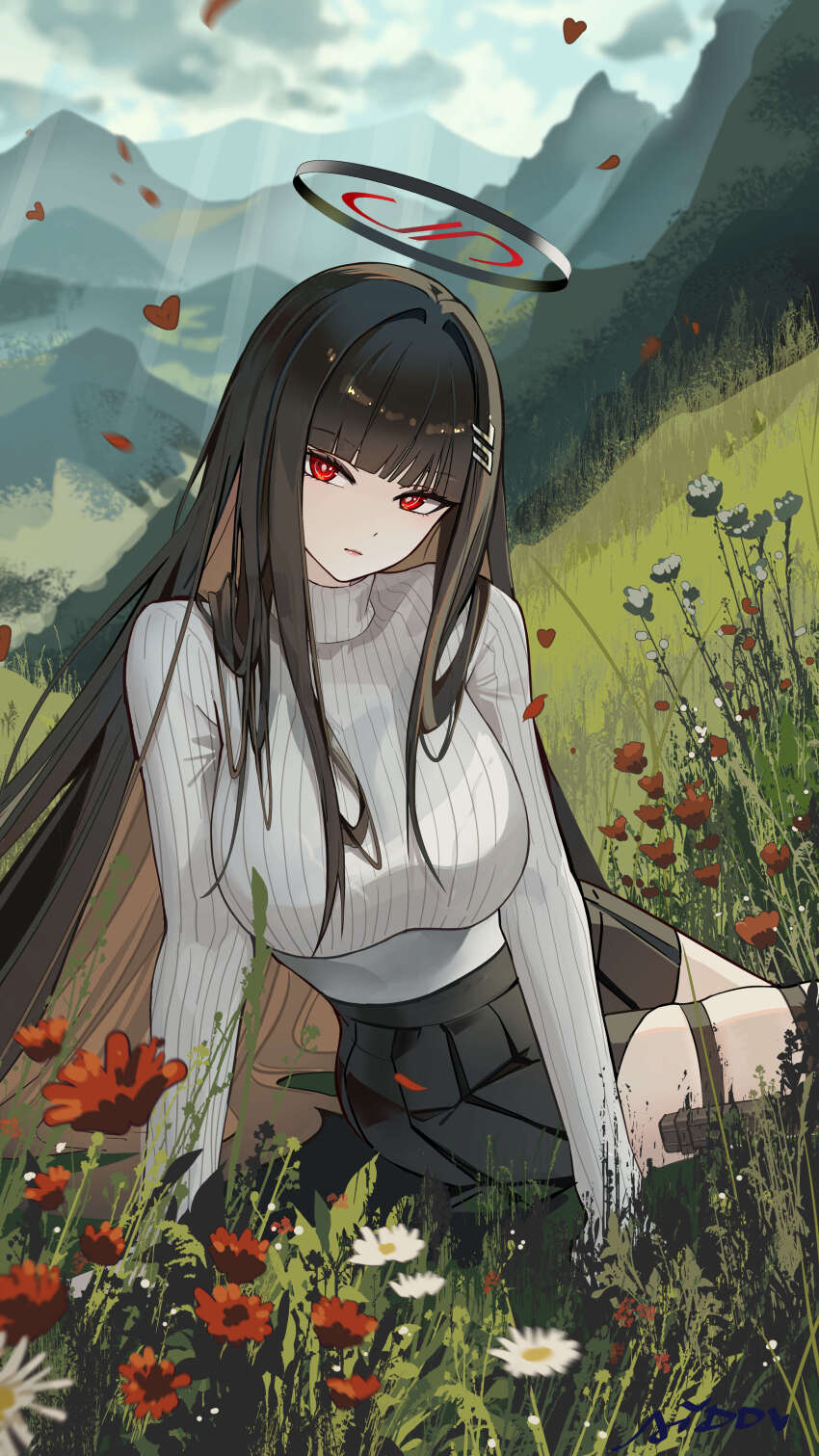 1girl absurdres ai_dongdong black_hair black_skirt blue_archive cloud cloudy_sky flower halo highres long_hair long_sleeves looking_at_viewer outdoors red_eyes rio_(blue_archive) skirt sky solo sweater thigh_strap turtleneck turtleneck_sweater white_sweater