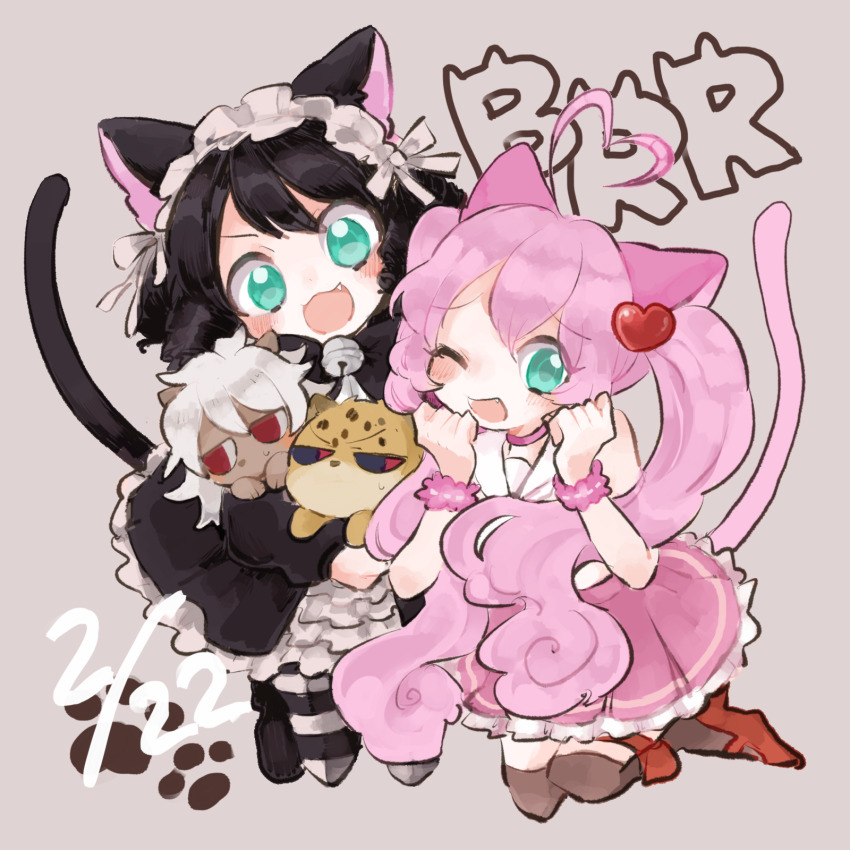2boys 2girls :3 ahoge aion_(myumon)_(show_by_rock!!) aion_(show_by_rock!!) animal_ears aqua_eyes az1199 bell black_dress black_hair blush cat_ears cat_girl cat_tail chibi chibikemo commentary_request cyan_(show_by_rock!!) dress fang furry furry_male gothic_lolita hair_ornament hairband heart heart_ahoge heart_hair_ornament highres holding holding_chibi holding_mini_person jingle_bell lolita_fashion lolita_hairband long_hair looking_at_viewer mini_person miniboy multiple_boys multiple_girls one_eye_closed open_mouth pink_hair rom_(myumon)_(show_by_rock!!) rom_(show_by_rock!!) rosia_(show_by_rock!!) short_hair show_by_rock!! smile tail twintails very_long_hair