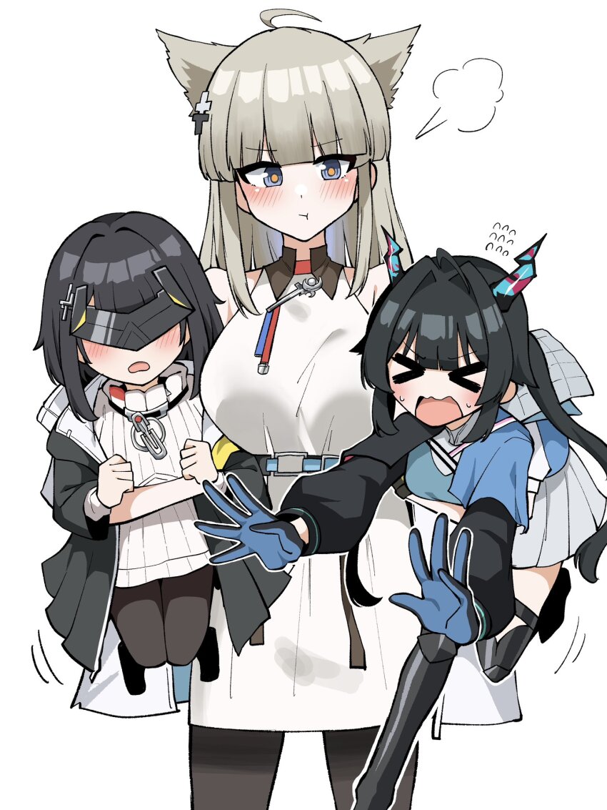 3girls animal_ears arknights arknights:_endfield black_hair black_jacket black_pantyhose blue_eyes chen_qianyu_(arknights) commentary_request dragon_girl dragon_horns dress endministrator_(arknights) female_endministrator_(arknights) flying_sweatdrops gloves highres horns jacket long_hair long_sleeves mikita_casdy multiple_girls open_clothes open_jacket open_mouth pantyhose perlica_(arknights) short_hair skirt sweater tail twintails white_background