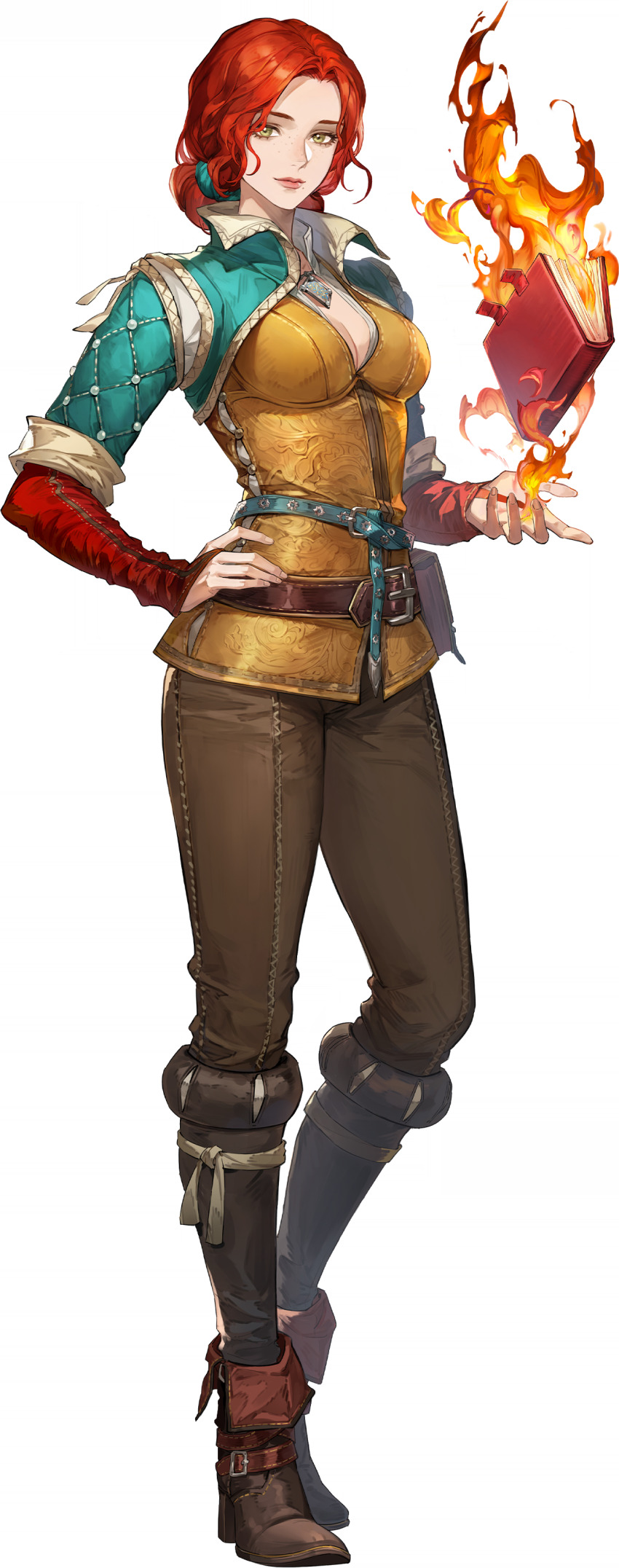 1girl absurdres book boots breasts brown_pants cleavage fire freckles hair_bun high_heel_boots high_heels highres jewelry long_hair looking_at_viewer necklace non-web_source official_art pants pyrokinesis red_hair shrug_(clothing) solo sword_of_convallaria tachi-e the_witcher_(series) transparent_background triss_merigold tunic yellow_eyes yellow_tunic