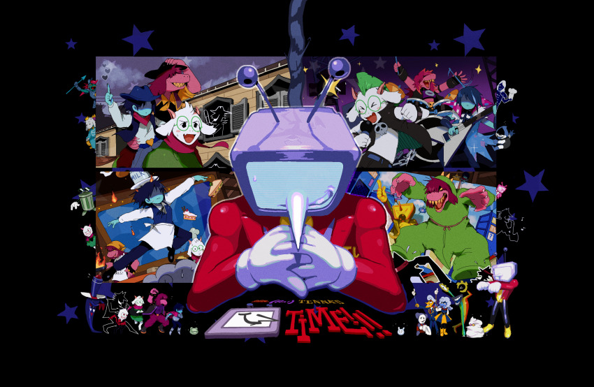 4girls 6+boys 6+others animal_ears ant_tenna apron armlet band_(music) belt bendedede black_background black_belt black_boots black_eyes black_gloves black_hat black_jacket black_pants black_ribbon black_shoes blue_belt blue_dress blue_hair blue_hat blue_jacket blue_pants blue_skin blue_vest boots bracelet cake cake_slice cape chef_hat chief_undyne cloak closed_eyes closed_mouth colored_skin colored_teeth cowboy_hat deltarune dinosaur_costume dress drink drum drum_set drumsticks electric_guitar elnina_(deltarune) fingerless_gloves food furry furry_female furry_male glasses gloves goat_boy goat_ears goat_horns green-framed_eyewear green_cloak grey_hair guitar hand_on_headwear hat heart highres holding holding_drumsticks holding_guitar holding_instrument holding_microphone horns horse horseback_riding instrument jacket jewelry kris_(cooking_show)_(deltarune) kris_(dark_world)_(deltarune) kris_(deltarune) kris_(lightners_live)_(deltarune) kris_(shootout)_(deltarune) lancer_(deltarune) lanino_(deltarune) long_hair long_sleeves microphone milk mohawk multiple_boys multiple_girls multiple_others multiple_views music neck_ribbon necktie open_mouth pants pink_cape pink_horns pink_scarf pippins_(deltarune) playing_instrument purple_hair purple_pants purple_shirt rabbick_(deltarune) ralsei ralsei_(cooking_show) ralsei_(lightners_live) ralsei_rancher ramb_(deltarune) red_necktie ribbick_(deltarune) ribbon riding round_eyewear rouxls_kaard sandwich scarf serious_trashy shadowguy_(deltarune) sharp_teeth shirt shoes short_hair shuttah_(deltarune) singing spamton_g._spamton spiked_armlet spiked_bracelet spikes star_(symbol) susie_(cooking_show)_(deltarune) susie_(dark_world)_(deltarune) susie_(deltarune) susie_(lightners_live)_(deltarune) susie_(shootout)_(deltarune) susiezilla tailcoat teeth the_original_starwalker toriel toriel_(dark_world) twintails undyne undyne_(dark_world) utdr_(toby_fox) vest waist_apron white_apron white_gloves white_shirt yellow_boots yellow_necktie yellow_shoes yellow_teeth zapper_(deltarune)