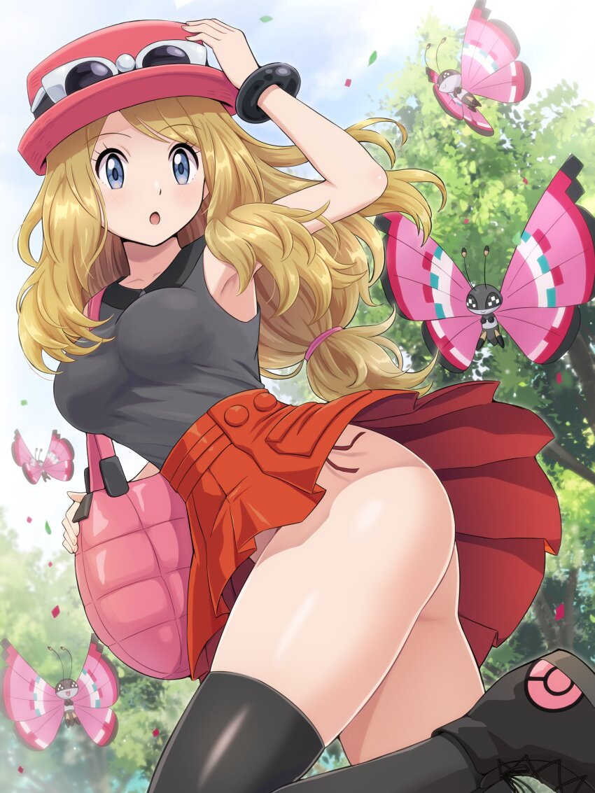 1girl absurdres animal ass bag black_boots black_shirt black_thighhighs blonde_hair blue_eyes blush boots bracelet breasts bug butterfly cloud collarbone eyewear_on_head eyewear_on_headwear gen_6_pokemon hat highres insect jewelry medium_breasts mega_ring nintendo no_panties open_mouth panties petals poke_ball_print poke_ball_symbol pokemoa pokemon pokemon_(creature) pokemon_xy print_boots red_hat red_panties red_skirt serena_(pokemon) shirt side-tie_panties skirt sky sleeveless sleeveless_shirt standing standing_on_one_leg sunglasses sunglasses_on_hat sunglasses_on_head surprised thighhighs tree underwear vivillon wind wind_lift
