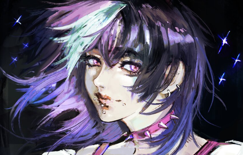 absurdres androgynous black_hair cheek_piercing chin_piercing choker commentary earrings english_commentary eyelashes face_piercing highres hoshi_kirara jewelry jujutsu_kaisen kyezzzz labret_piercing lip_piercing male_focus medium_hair painting_(medium) piercing pink_choker portrait purple_hair simple_background solo sparkle spiked_choker spikes star-shaped_pupils star_(symbol) symbol-shaped_pupils traditional_media