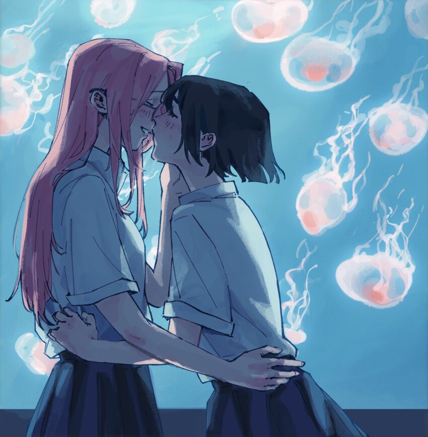 2girls alien_stage aquarium badhapple black_hair black_skirt closed_eyes commentary english_commentary highres imminent_kiss jellyfish long_hair mizi_(alien_stage) multiple_girls pink_hair shirt short_hair short_sleeves skirt smile sua_(alien_stage) white_shirt yuri