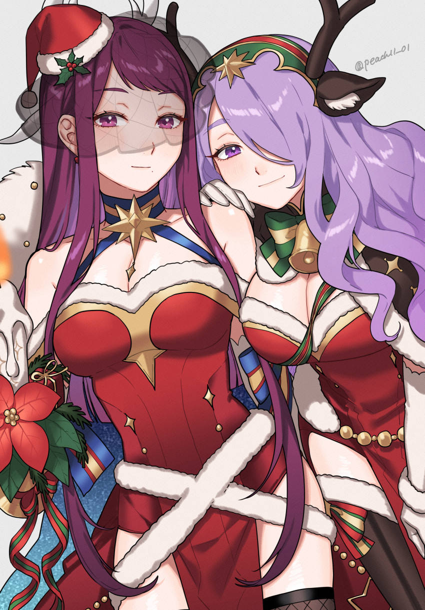 2girls absurdres animal_ears antlers bare_shoulders blue_cape breasts brown_capelet camilla_(fire_emblem) camilla_(flurry_embrace)_(fire_emblem) candle candlestand cape capelet christmas cleavage closed_mouth collarbone color_connection commentary_request deer_ears dress fake_animal_ears fake_antlers female_focus fire fire_emblem fire_emblem_engage fire_emblem_fates fire_emblem_heroes flower fur-trimmed_capelet fur-trimmed_dress fur-trimmed_headwear fur_trim gloves hair_color_connection hair_over_one_eye hairband hat highres holding holding_candle holly horns in-franchise_crossover ivy_(fire_emblem) ivy_(flurry_embrace)_(fire_emblem) large_breasts leaf long_hair looking_at_viewer matching_hair/eyes mole mole_under_mouth multiple_girls nintendo official_alternate_costume purple_eyes purple_hair red_dress red_hat reindeer_antlers santa_costume santa_dress santa_hat shamu_(peach11_01) skindentation smile thighs trait_connection wavy_hair white_gloves