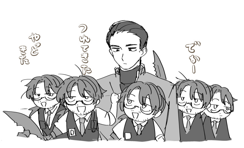 6+boys :d arm_up arthropod_limbs beard_stubble chibi clenched_hand closed_mouth coat collared_shirt expressionless facial_hair formal_clothes glasses gregor_(project_moon) greyscale hair_between_eyes hair_slicked_back half-closed_eyes hand_up happy holding id_card jacket jitome kikkoinu limbus_company lineup long_hair long_sleeves looking_at_another looking_at_viewer looking_down looking_to_the_side looking_up low_ponytail male_focus meursault_(project_moon) monochrome multiple_boys multiple_persona necktie open_mouth parted_bangs ponytail project_moon pulling_another's_clothes sanpaku semi-rimless_eyewear shirt short_hair simple_background sketch sleeves_rolled_up smile stubble sweater turtleneck turtleneck_sweater under-rim_eyewear upper_body very_short_hair vest white_background