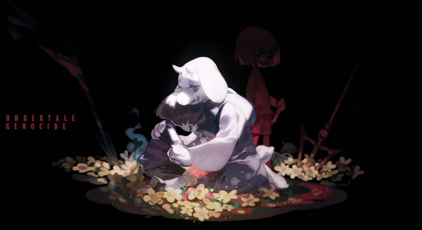 1girl 2others androgynous animal_ears black_background black_eyes black_sclera blood blood_on_clothes brown_hair chara_(undertale) colored_sclera comforting crying evil_smile fang flower frisk_(undertale) from_side full_body furry furry_female genocide_route_(undertale) goat_ears goat_girl goat_horns goat_tail highres holding holding_knife horns knife multiple_others open_mouth pool_of_blood short_hair sitting skin_fang smile standing tail tears toriel undertale utdr_(toby_fox) wariza yellow_flower yotsuyu